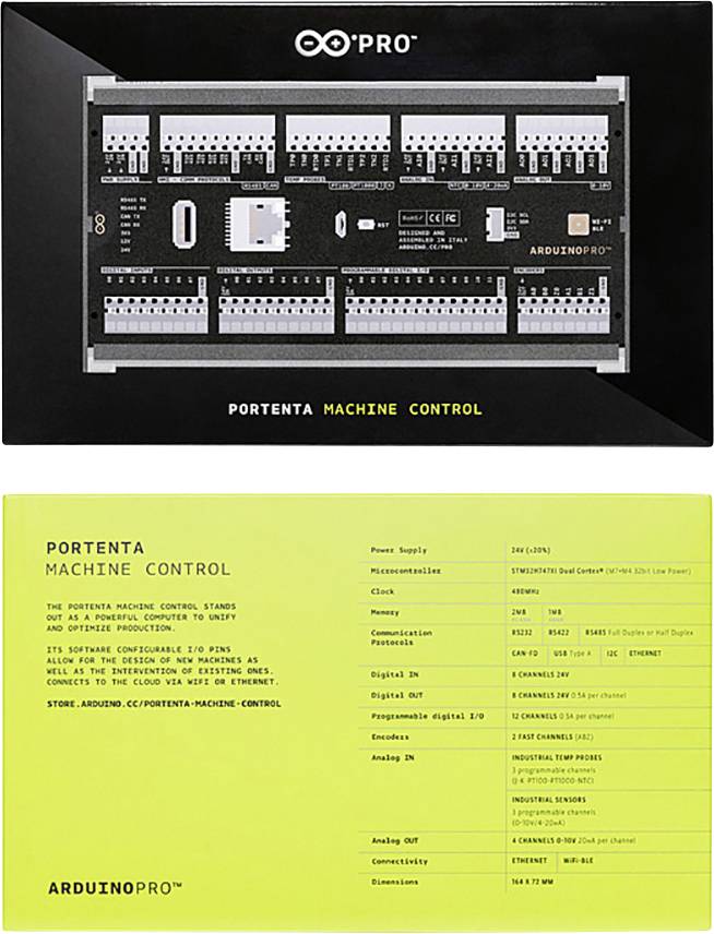 'Portenta Machine Control' on an Arduino board. Shows components and connections. Yellow card with technical details and link at the bottom.