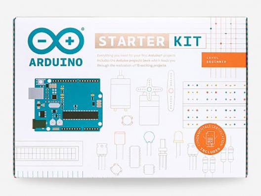 Arduino Starter Kit packaging with an image of an Arduino board, electronic components, and text 'Everything you need for your first Arduino projects'.