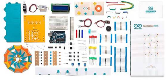 'Set of electronic components for Arduino projects, including circuit boards, resistors, LEDs and cables, on a white background.'