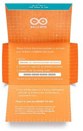 'Welcome' and instructions for activating an Arduino certification. Visit 'ARDUINO.CC/CERTIFICATION/ACTIVATE', create an account, redeem the code.