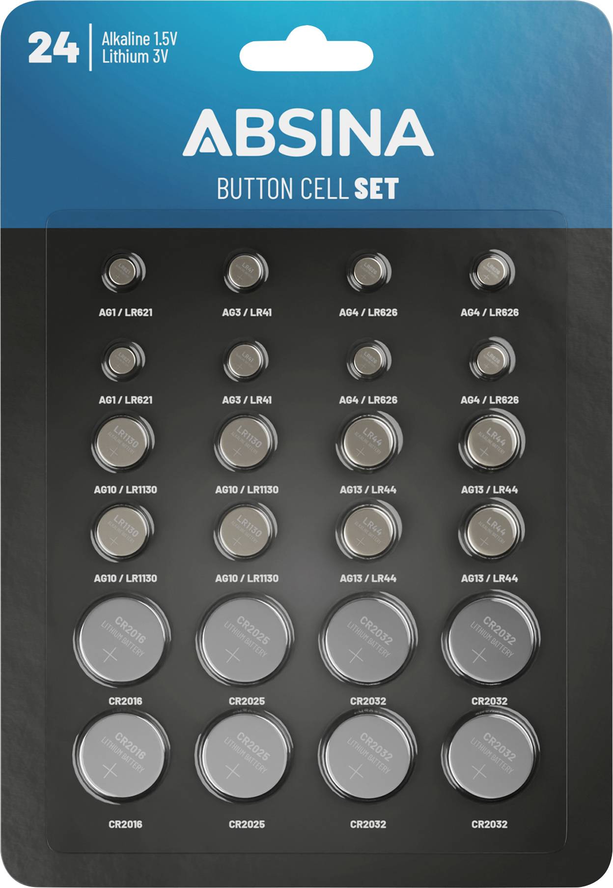 Packaging containing 24 button cell batteries by the Absina brand, each arranged in a blister pack. Includes 1.5V alkaline and 3V lithium batteries.