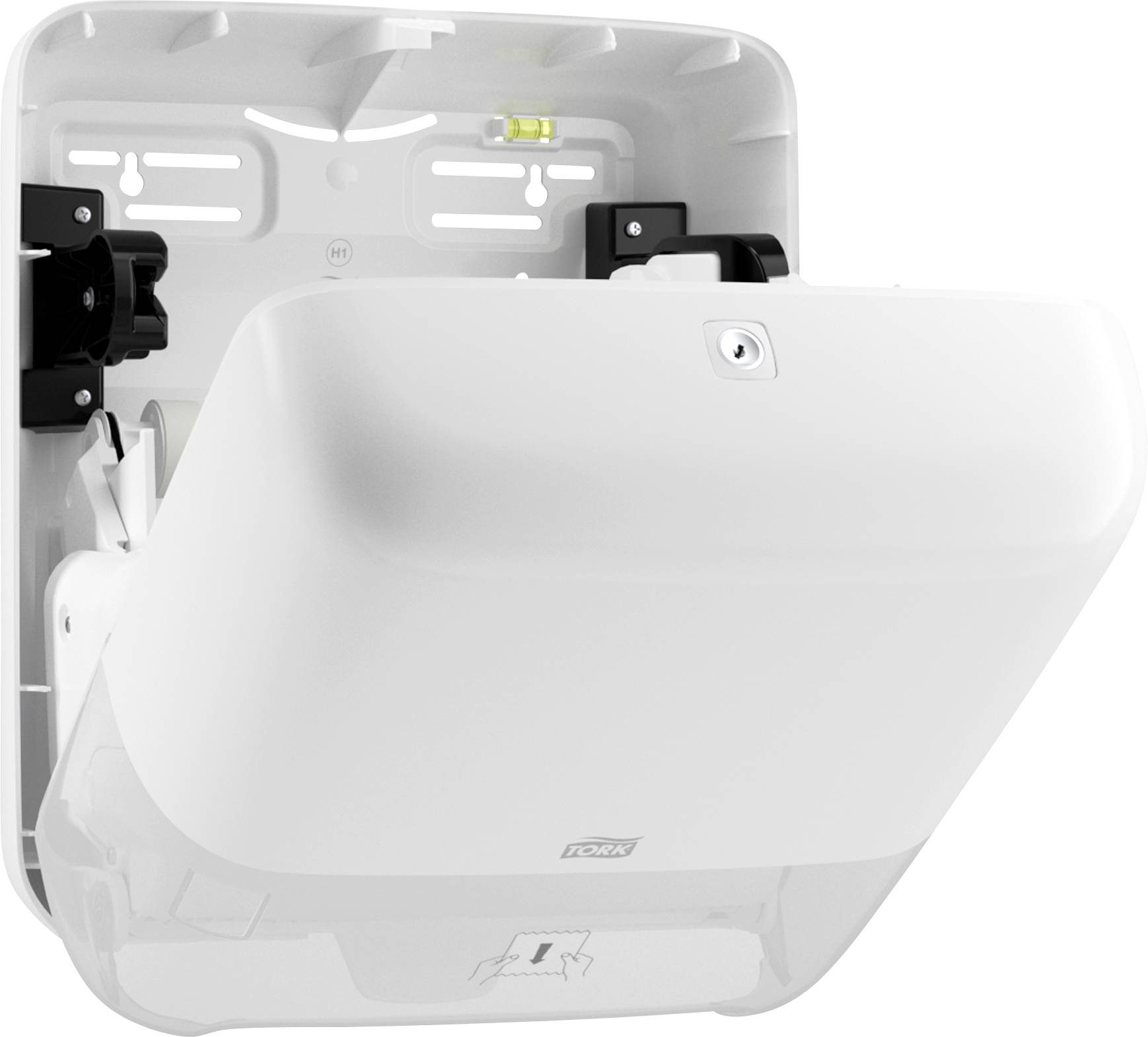 An automatic soap dispenser mounted on the wall. Front view showing the folding mechanism.