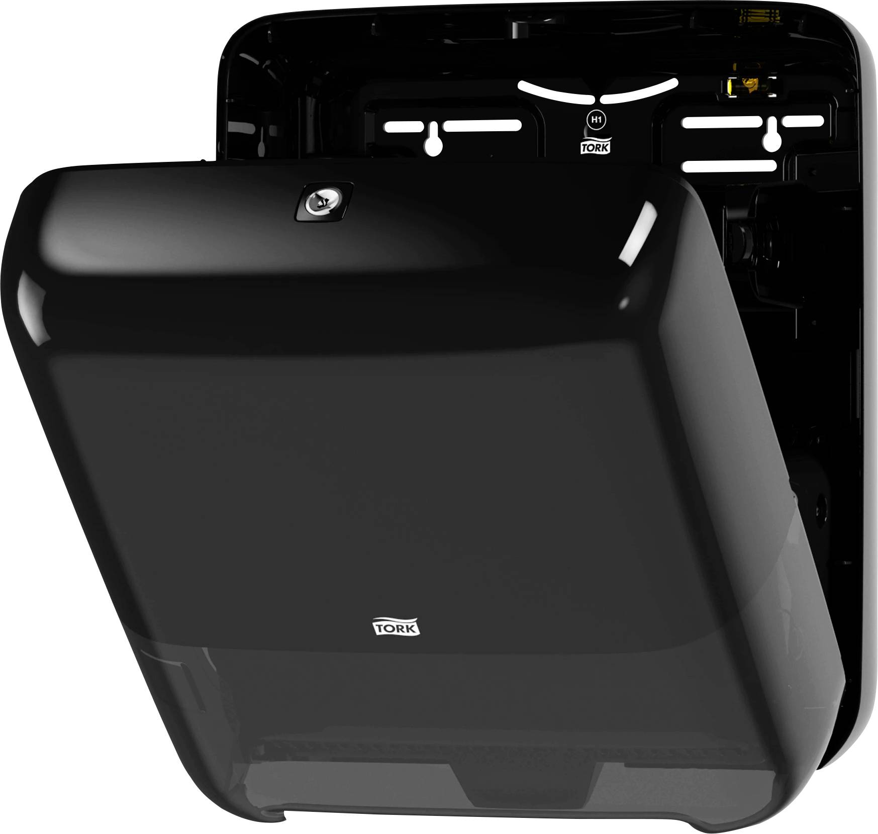A black paper towel dispenser mounted on the wall, with the 'Tork' logo on the front. The dispenser is open.