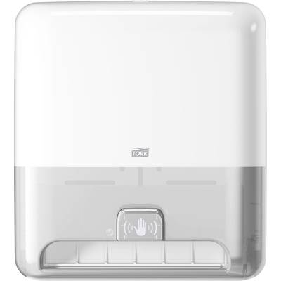 White Tork paper towel dispenser with touchless hand sensor and opening at the bottom for dispensing towels.