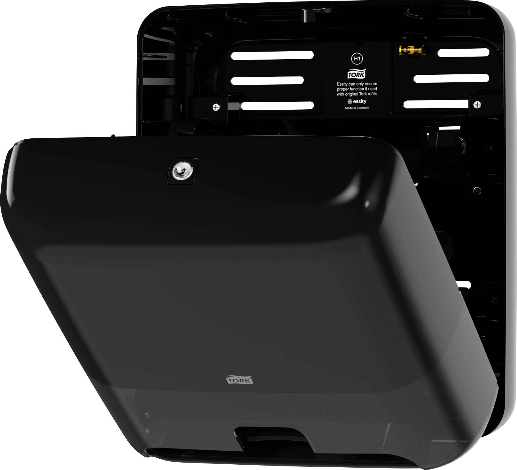 A black paper dispenser mounted on the wall, open and empty. Ideal for bathrooms or kitchens to dispense paper towels.