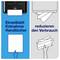 Graphic showing single sheet removal of towels: on the left a dispenser with a sheet pulled out and hand, on the right several sheets, note 'reduce consumption'.