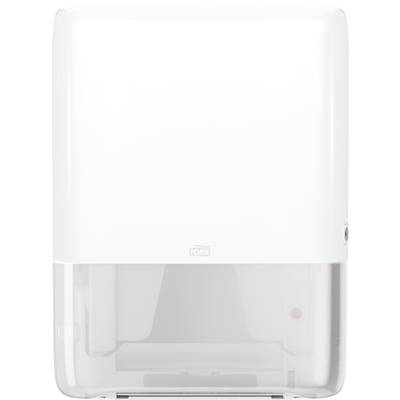 Paper towel dispenser mounted on the wall, white casing, front view.