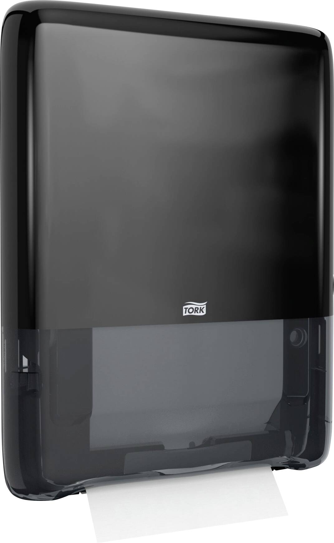 A black paper towel dispenser with a white towel piece protruding from the bottom, designed for wall mounting in bathrooms.