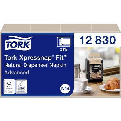 'Tork Xpressnap Fit' napkin pack on a table with coffee and croissant in the foreground. Suitable for dispensers, 2-ply.