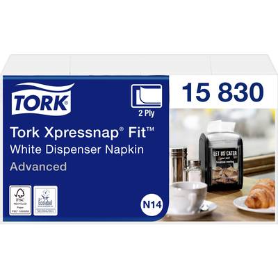 Tork Xpressnap Fit white napkin dispenser N14, 2-ply. In the background, a laid table with coffee and a croissant.