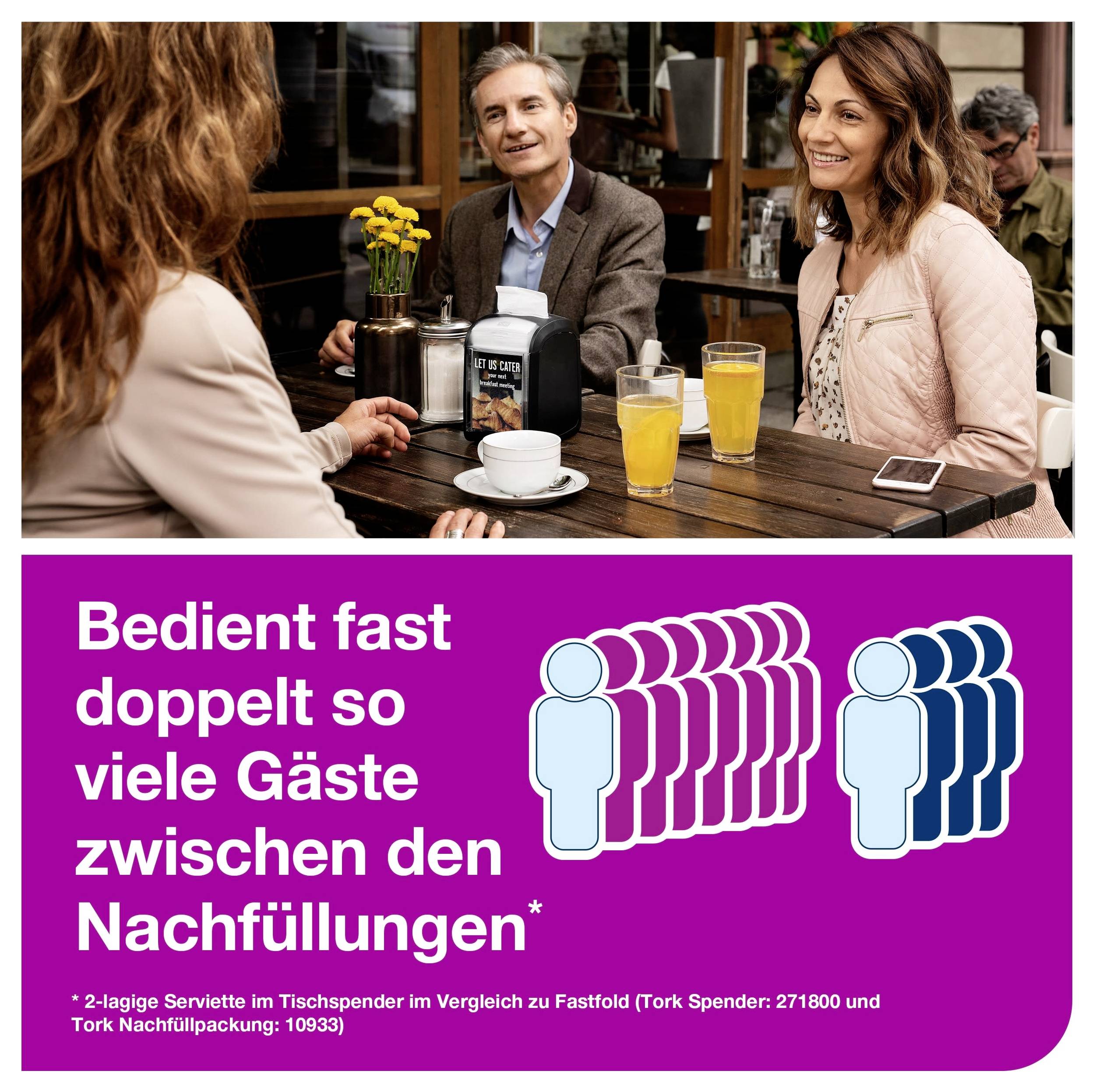 Advertisement: Café visit with three people and the statement 'Serves almost twice as many guests between refills' for 2-ply napkins in the dispenser.
