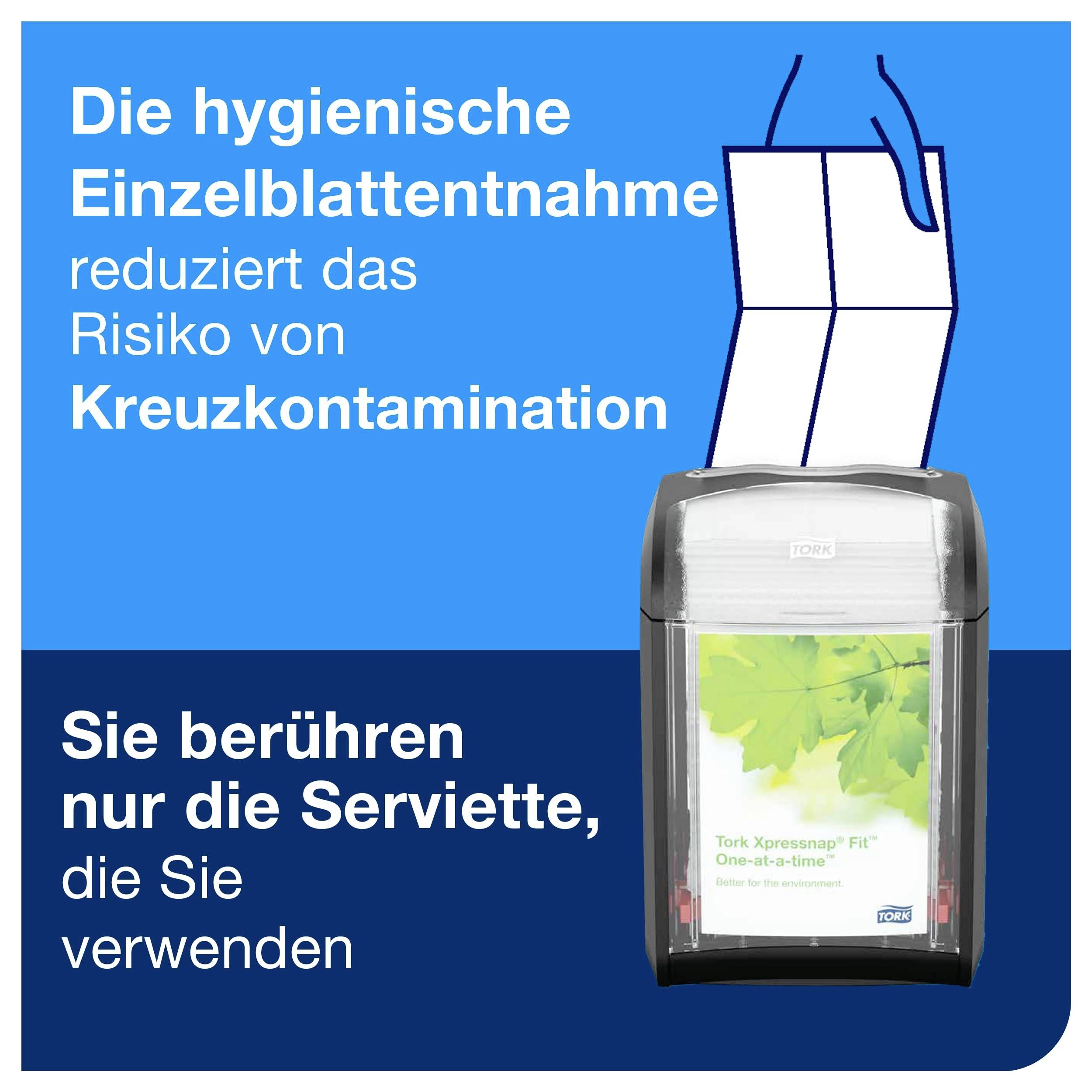 Advertising graphic: Hygienic removal of napkins reduces the risk of cross-contamination; Tork napkin dispenser with single-sheet dispensing.
