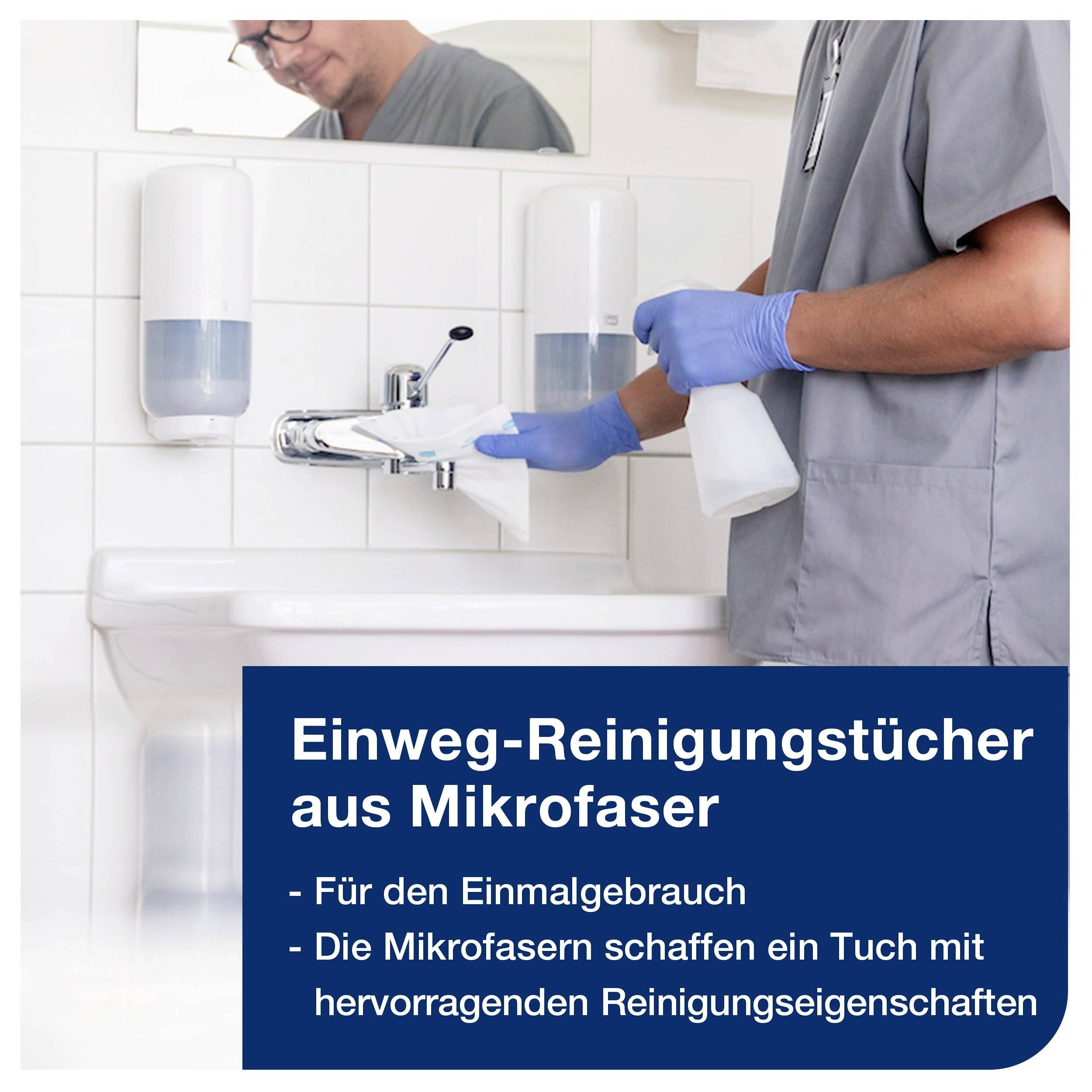 A person is cleaning a tap with a disposable microfibre cloth. Text: 'Disposable Microfibre Cleaning Cloths - For Single Use'.