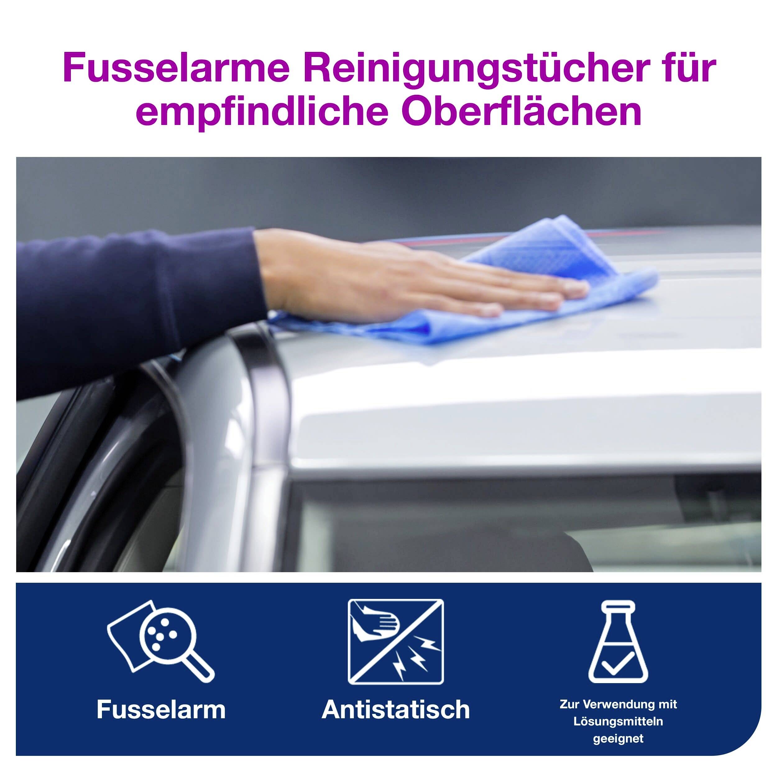 Cleaning cloth wiping over car roof. Top text: 'Low-lint cleaning cloths for sensitive surfaces'. Symbols and texts below: 'Low-lint', 'Anti-static', 'Suitable for use with solvents'.