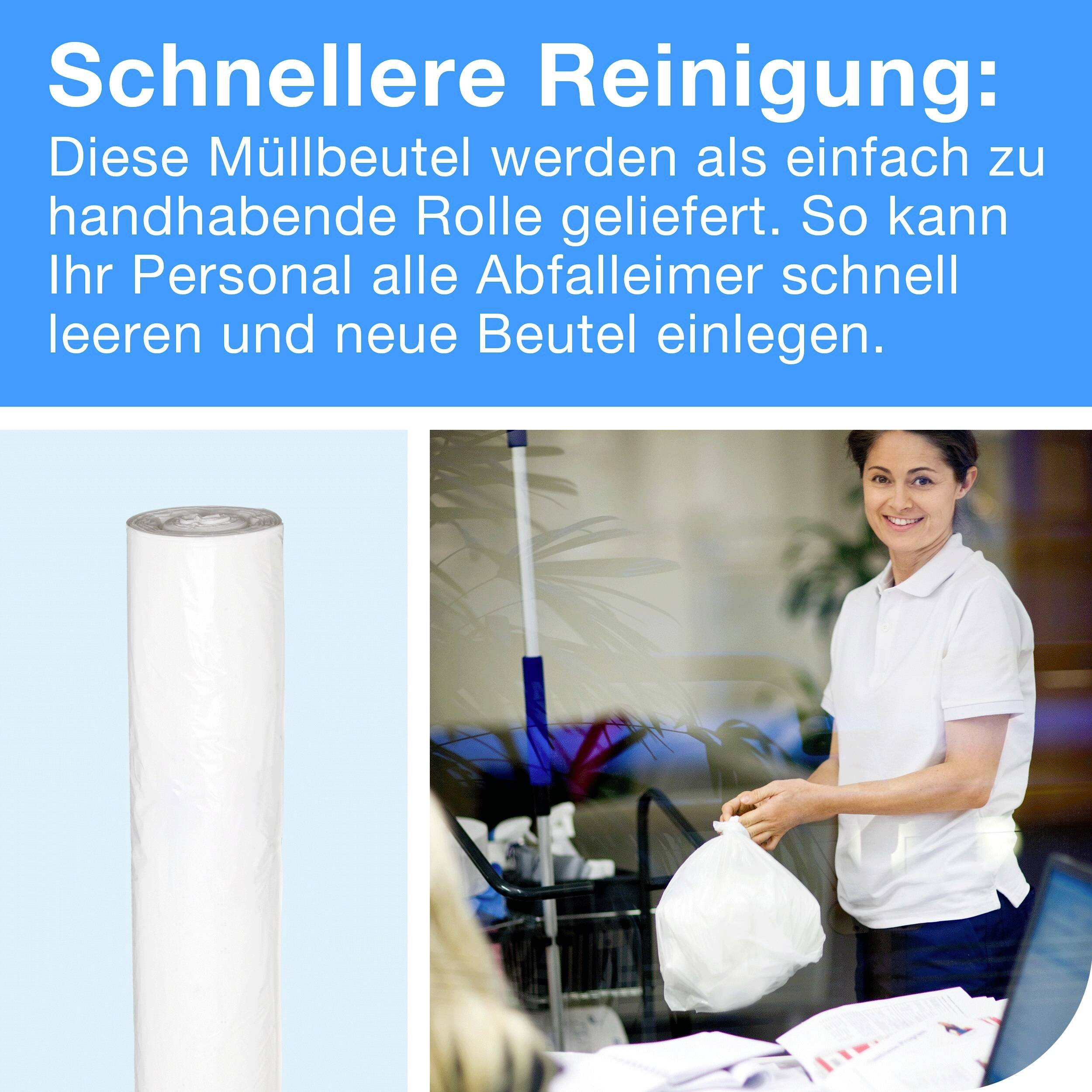 'Faster Cleaning: This bin liner roll makes emptying waste bins easier. Ideal for efficient working of your staff.'