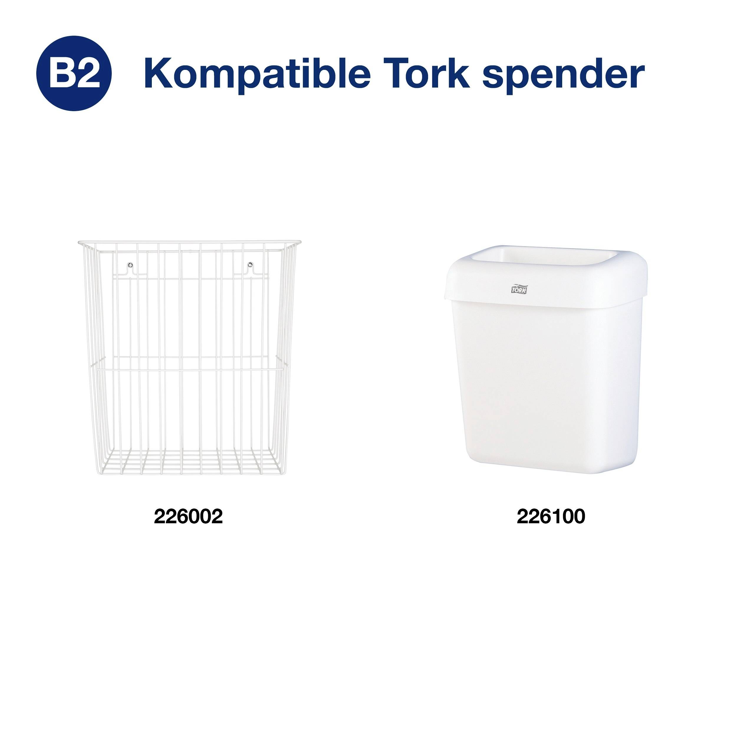 'B2 Compatible Tork Dispenser' shows two dispenser options: on the left a wire mesh dispenser (226002), on the right a white plastic dispenser (226100).