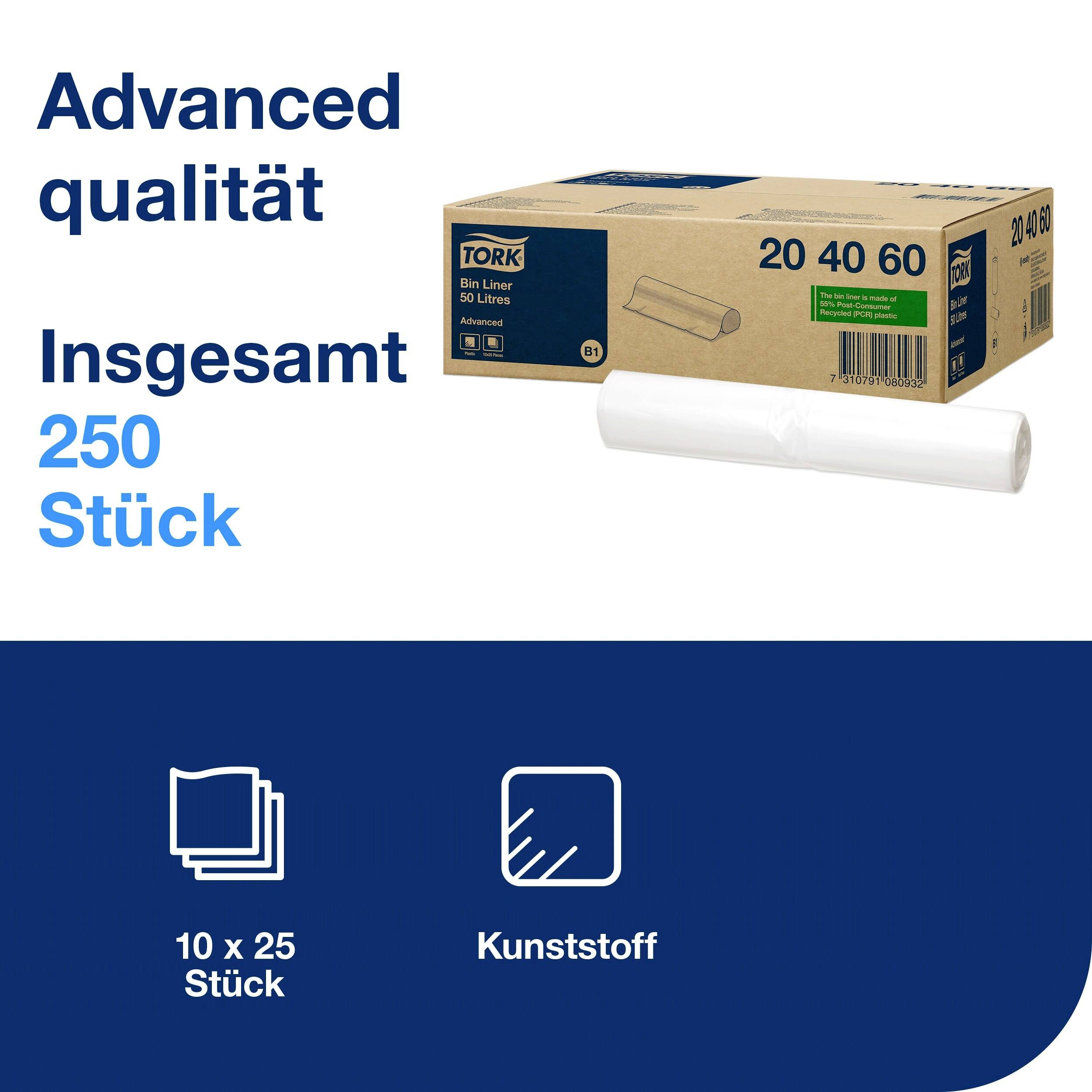 'Pack of Tork plastic waste bags, 20 litres, 50 bags per roll, total 250 bags.'