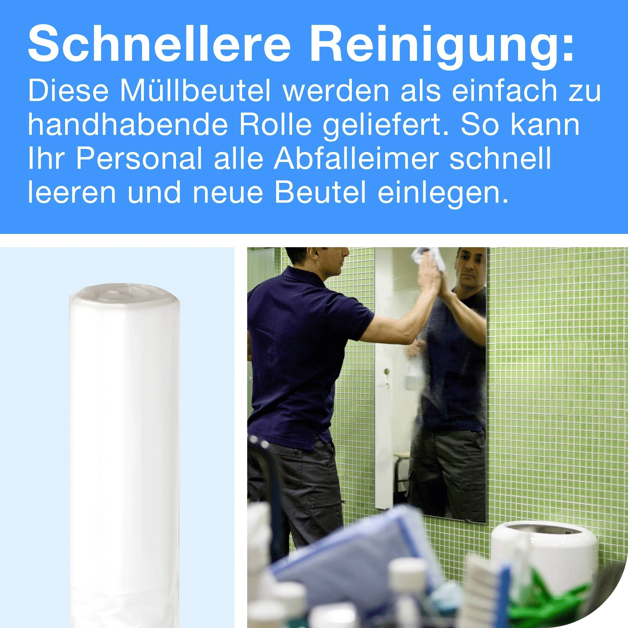 Quicker Cleaning: A person changes bin liners in the bathroom. The text emphasises the simple handling and efficiency of the product.