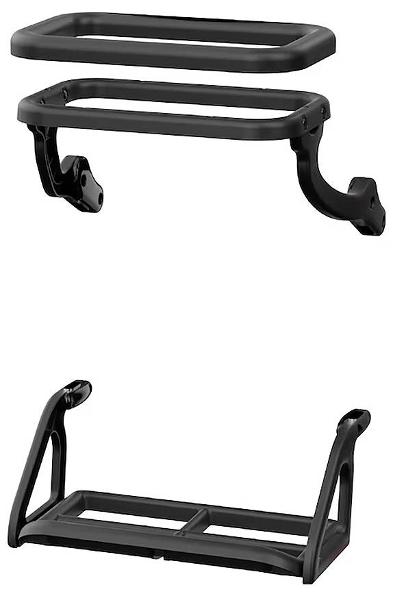 Two black metal brackets: one is a flat rectangular ring, the other is a horizontal base with vertical supports, possibly for mounting or shelving.