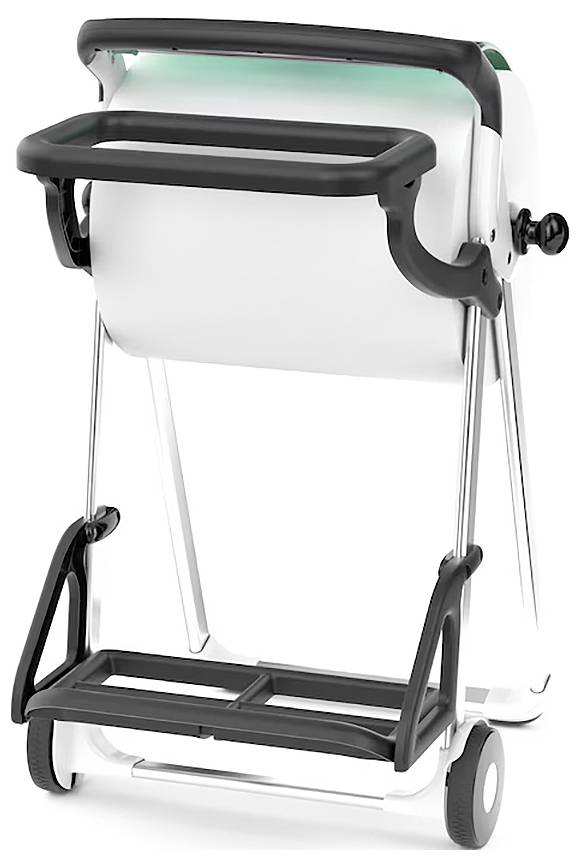 A foldable white and black rolling medical chart holder with a handle and wheels, designed for easy transport and organization in healthcare settings.