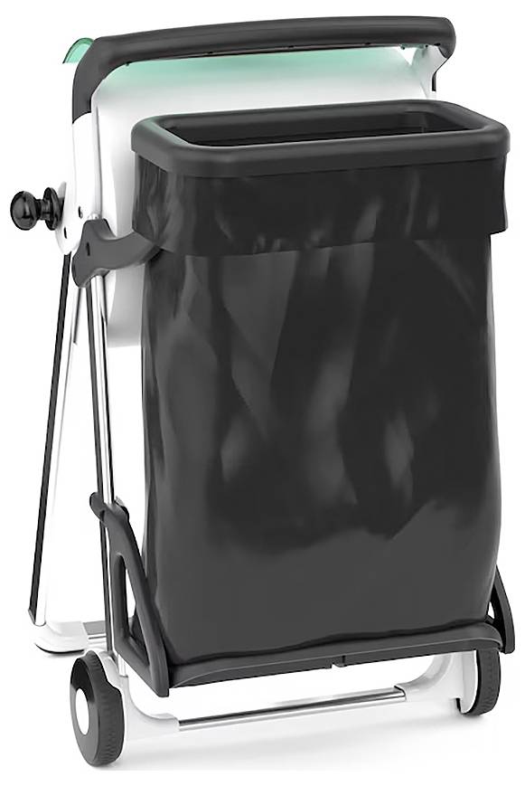 A white mobile waste bin with a black trash bag, featuring a handle and wheels for easy transport.