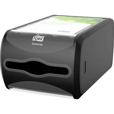 A black Tork Xpressnap napkin dispenser with a document placed on top.