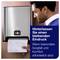 Man takes paper towel from wall dispenser; advertising text: 'Leave a lasting impression' and 'When exceptional care and comfort are required'.