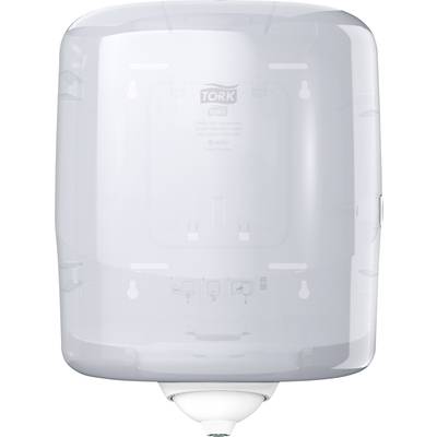 A white automatic soap dispenser mounted on a wall, with a drip tray underneath. The brand name 'Tork' visible in the centre at the top.