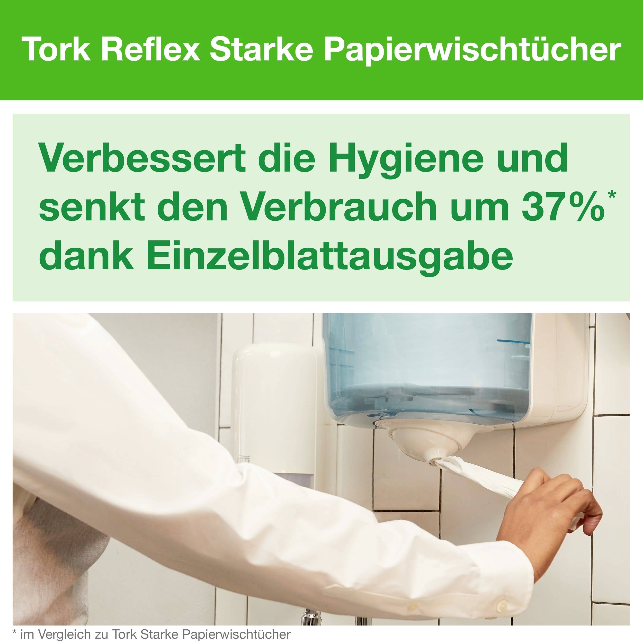 A person pulls a paper towel from a dispenser. Text: 'Improves hygiene and reduces consumption by 37% thanks to single-sheet dispensing'.