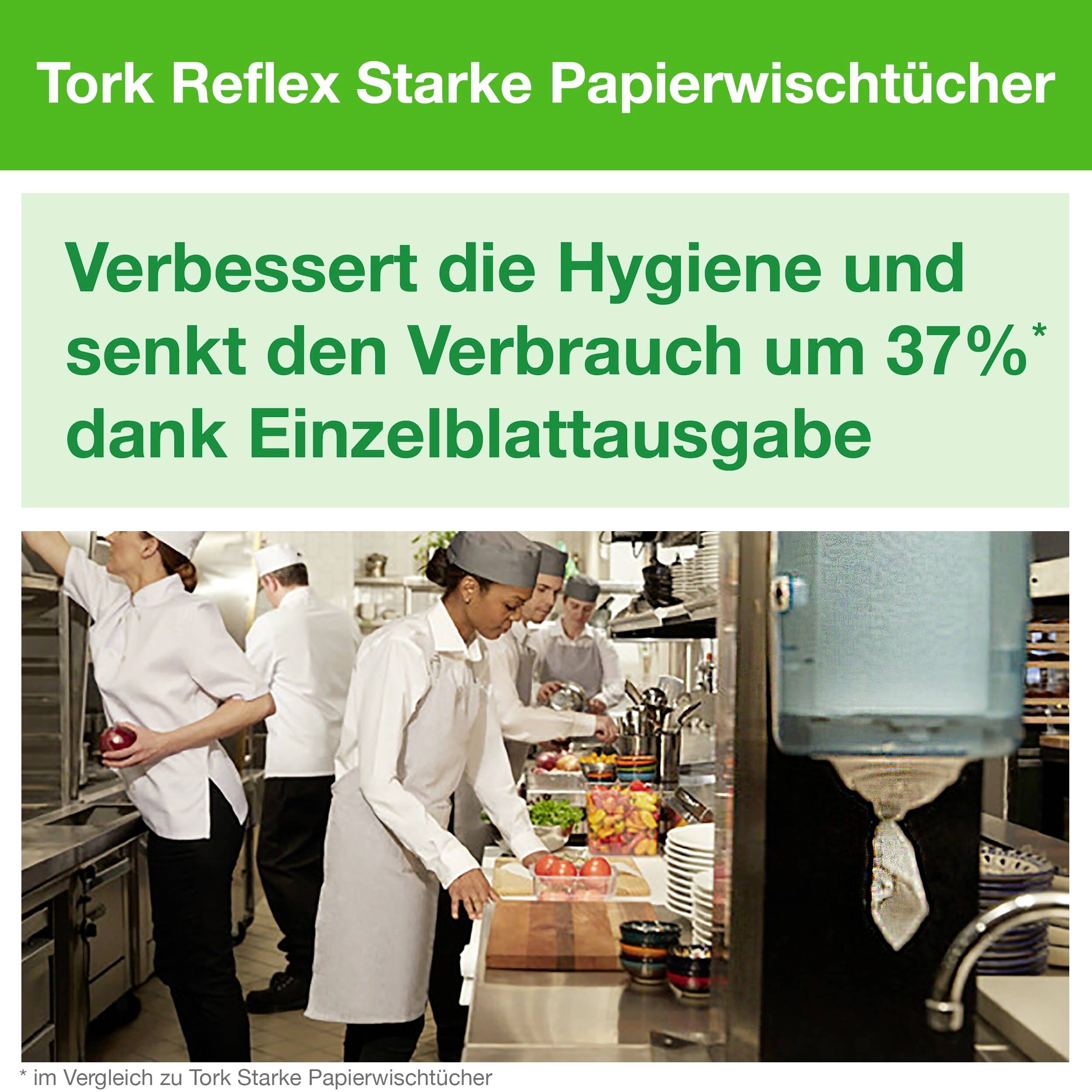 Kitchen staff work in a commercial kitchen. Text in image: 'Improves hygiene and reduces consumption by 37% thanks to single-sheet dispensing.'