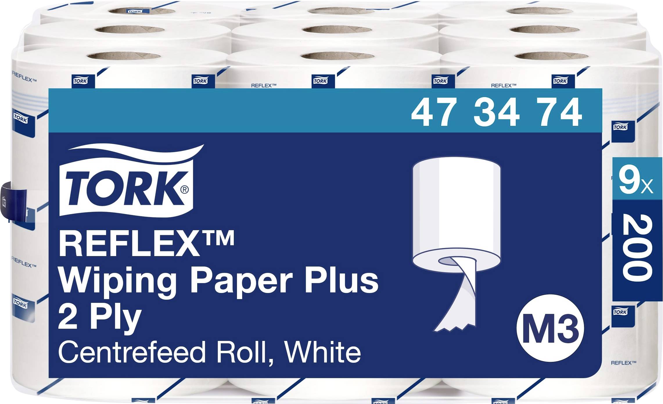 'Tork Reflex Wiping Paper Plus', 2-ply, white paper, centre-feed roll, 200 sheets per roll, 9 rolls per pack.