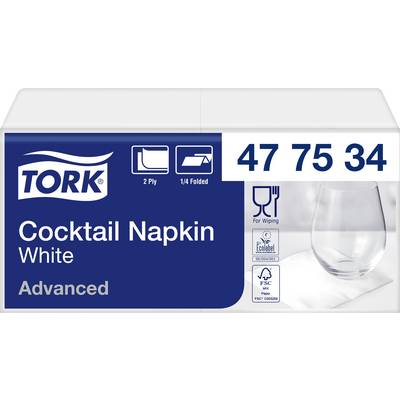Pack of white cocktail napkins by Tork, 2-ply, quarter-folded. Ecolabel and FSC logos visible, suitable for wiping.