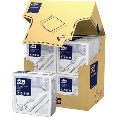 Packaging for Tork Dinner Napkins in a yellow display box. Print reads 'Soft Dinner Napkin', with an image of cutlery and napkins.
