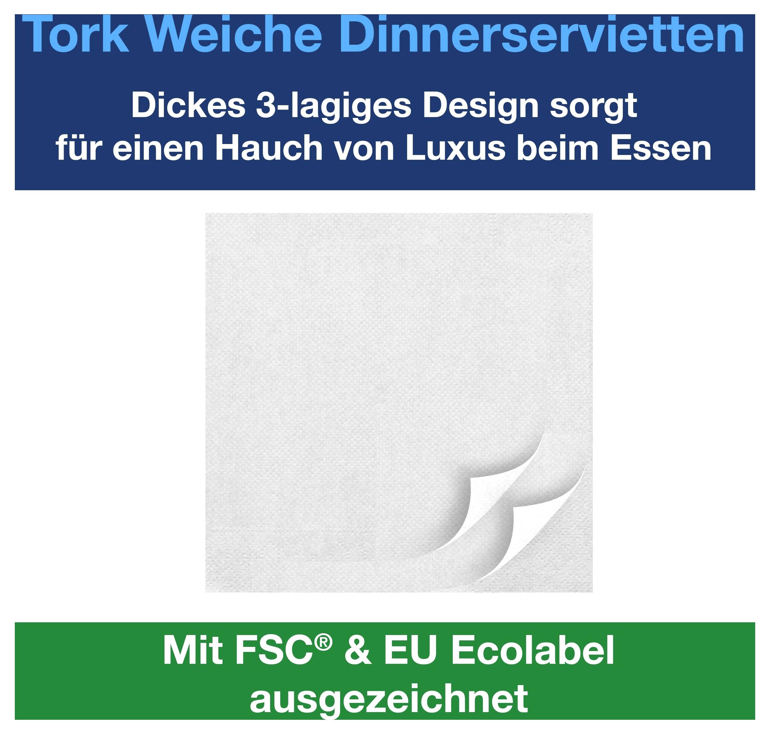 White Tork Soft Dinner Napkins, three-ply; awarded FSC and EU Ecolabel certification.