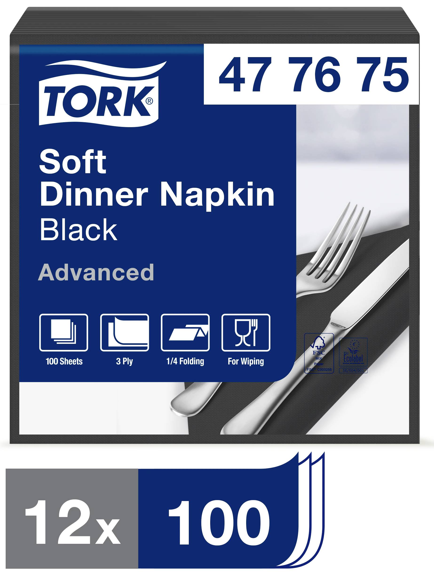 '12-pack black soft dinner napkins by TORK, 100 sheets per pack, 3-ply, quarter-folded, suitable for wiping.'