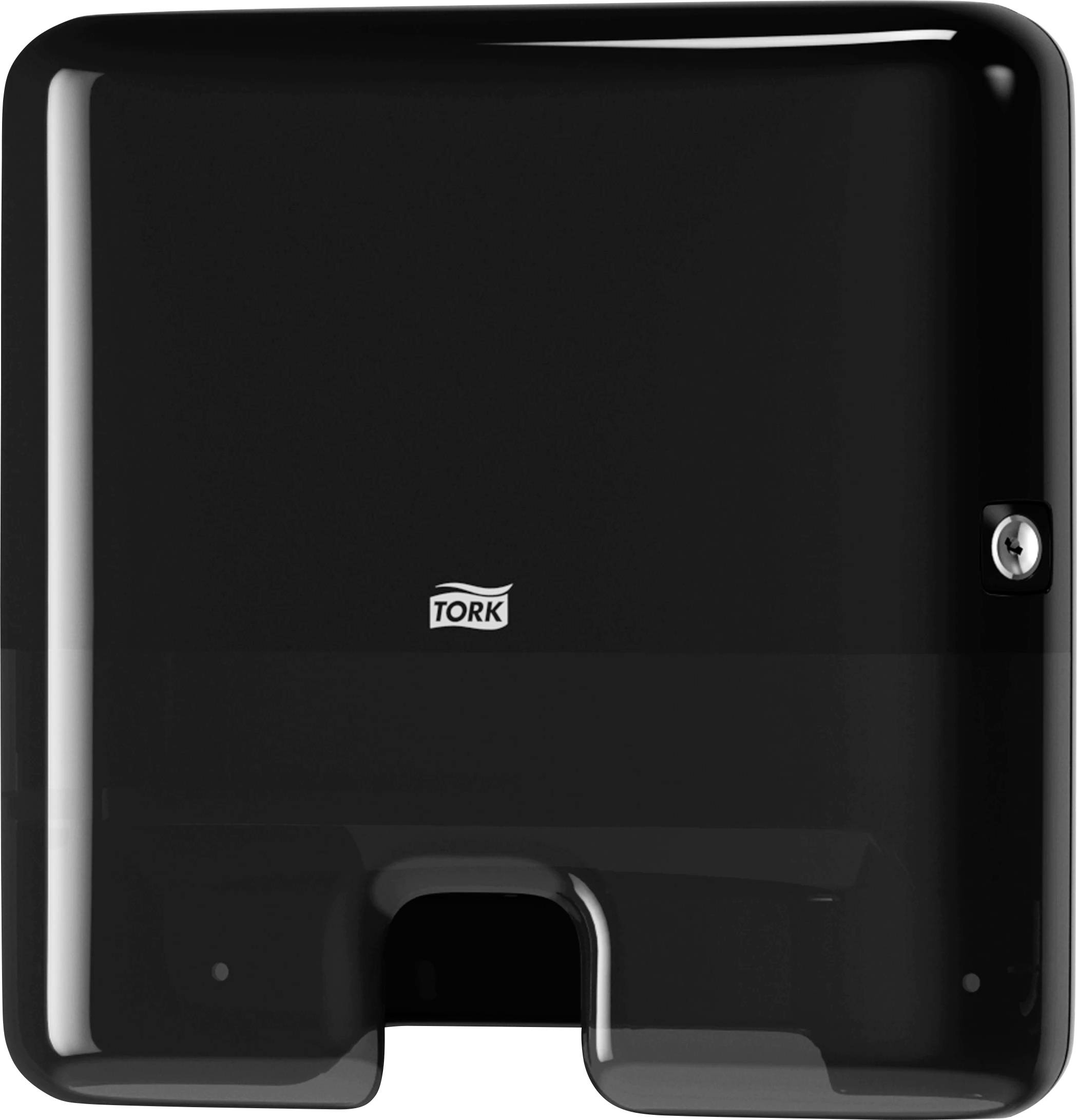 A black paper towel dispenser by Tork with a slot at the bottom for extracting paper towels.