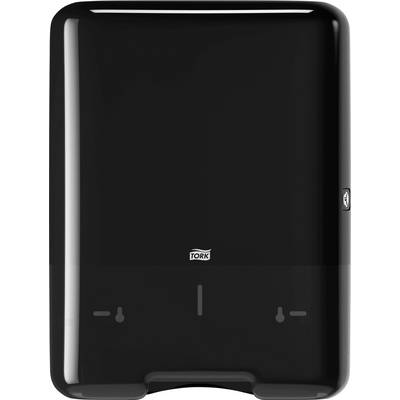 A black dispenser for Tork paper towels, mounted on a neutral wall. Suitable for public washrooms.