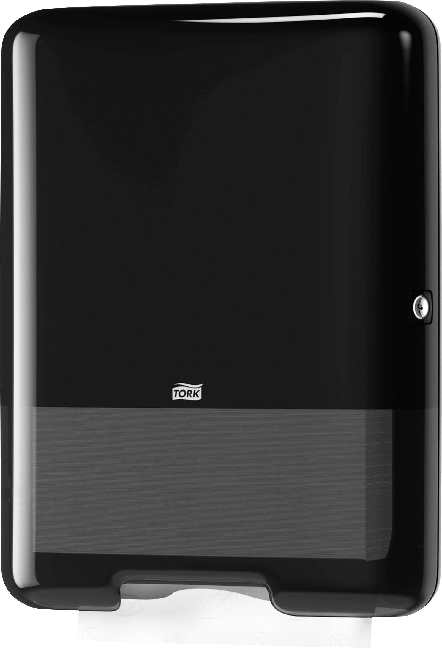 A black, wall-mounted paper towel dispenser with the Tork logo, displaying an extending white paper towel.