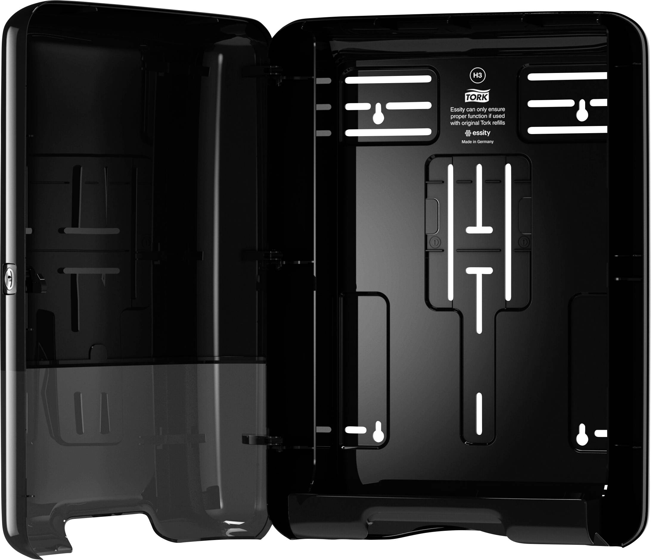 A blank, open black paper towel dispenser, suitable for wall mounting in public toilets or washrooms.