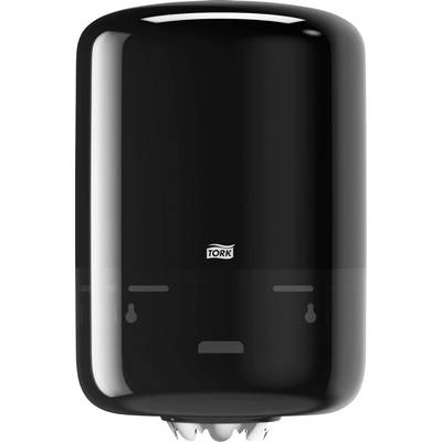 A black wall-mounted paper towel dispenser with a visibility window for monitoring the fill level, suitable for high-traffic areas.