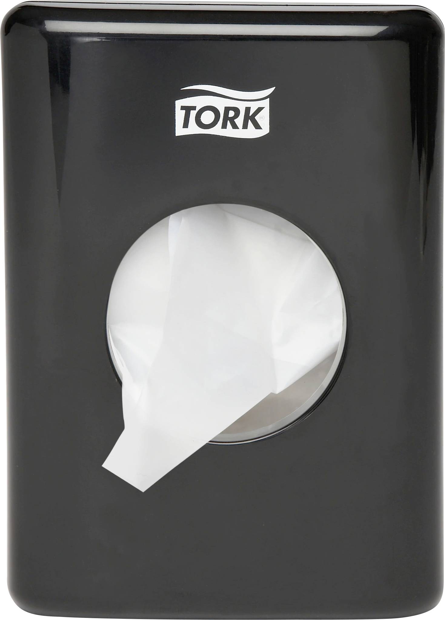 Black paper towel dispenser with a circular viewing window, white towel visible. Brand name visible at the top.
