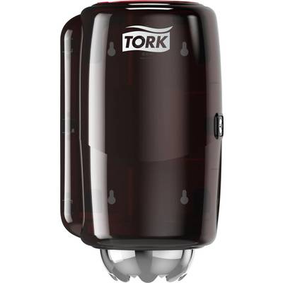 A black Tork soap/disinfectant dispenser with a small viewing window and logo at the top.