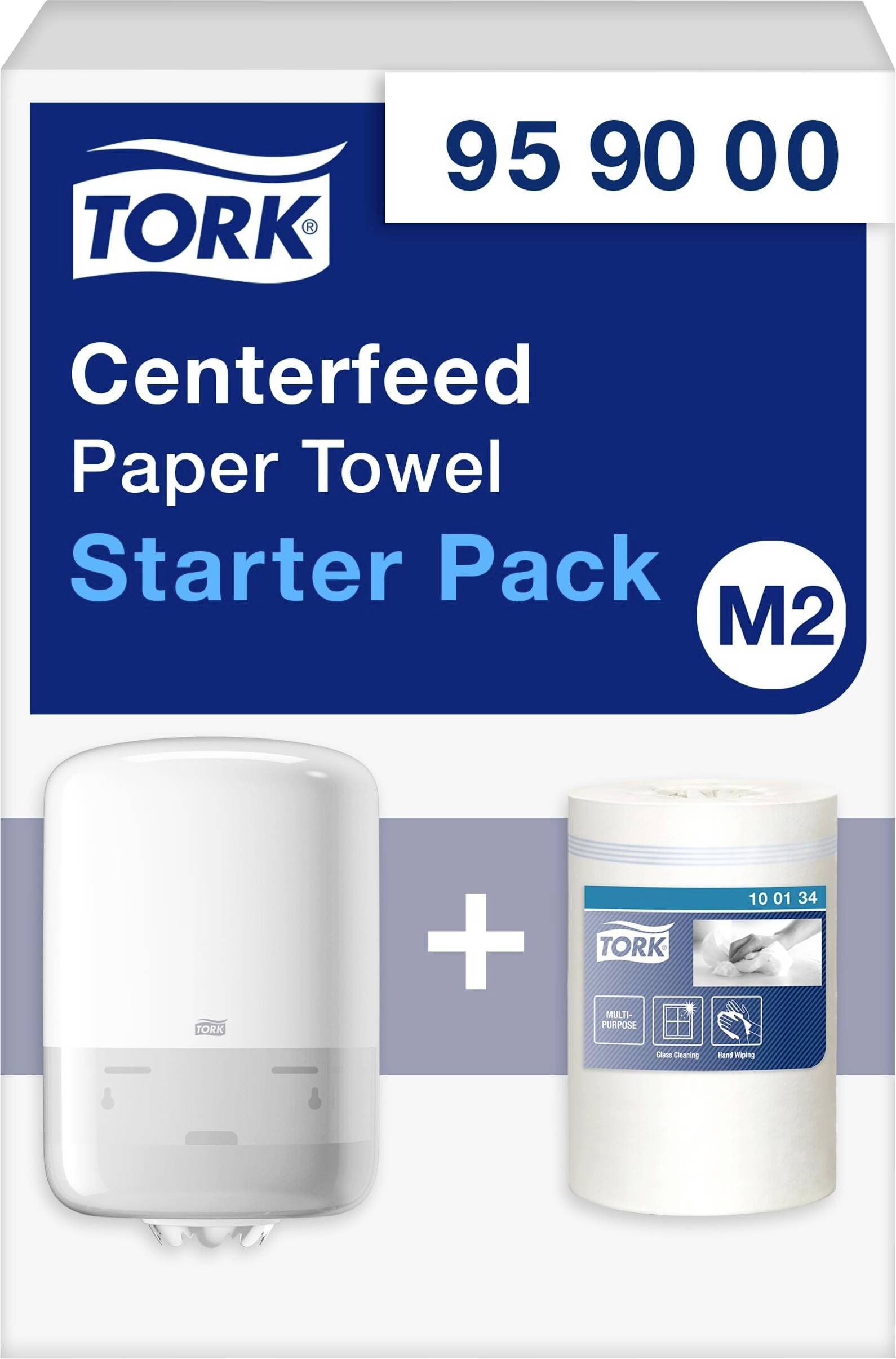 Starter Kit for Paper Hand Towels with Dispenser and Refill Roll, Brand 'Tork', Model 'Centrefeed', for Use in Washrooms.
