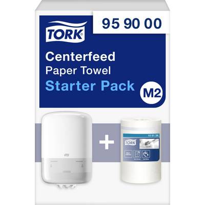 Starter Kit for Paper Hand Towels with Dispenser and Refill Roll, Brand 'Tork', Model 'Centrefeed', for Use in Washrooms.