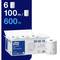 Six packed Tork paper towel rolls, each 100 metres long, totalling 600 metres, in an opened cardboard packaging with product logo.