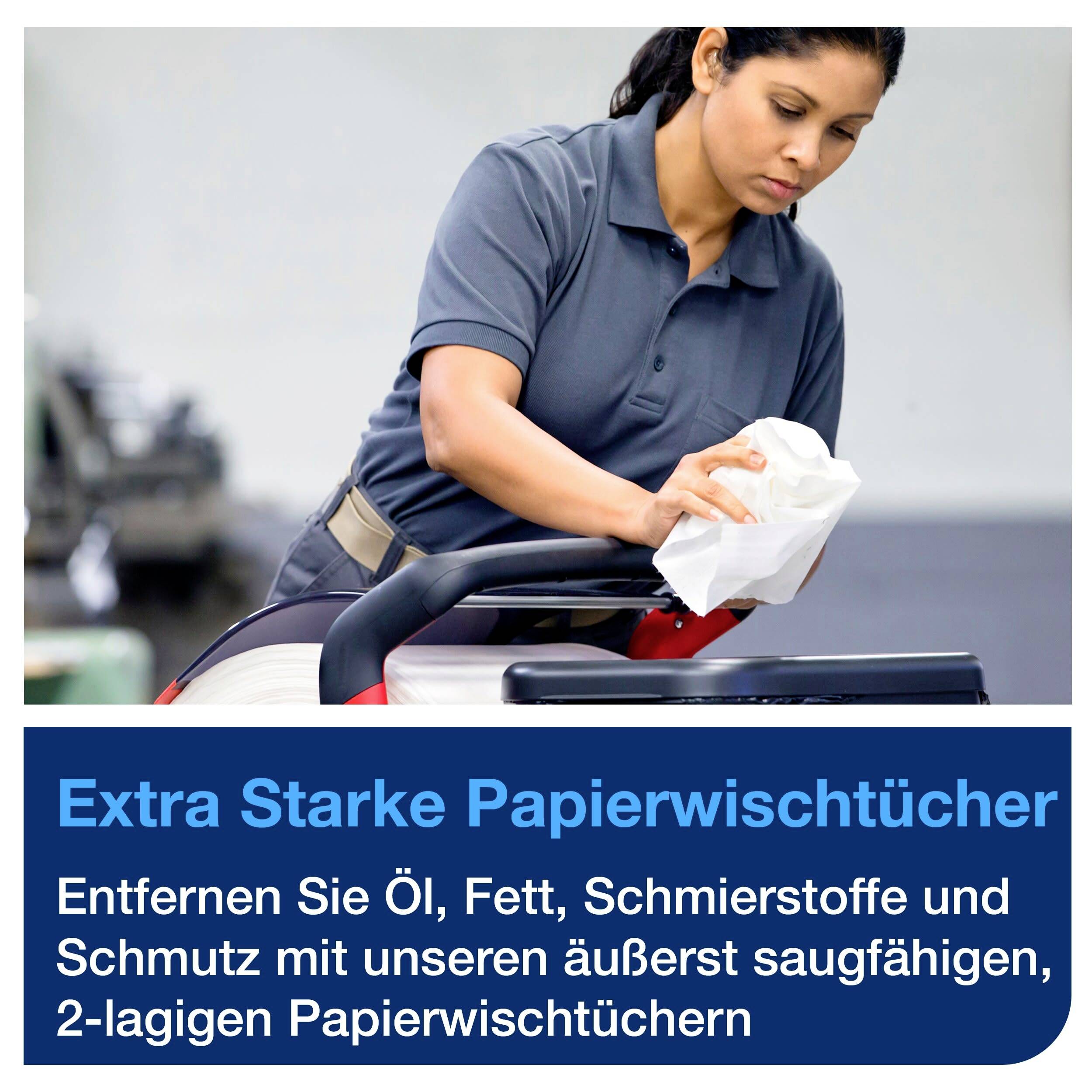 A person is cleaning a surface with a paper towel. Text below: 'Remove oil, grease, lubricants with our absorbent paper towels.'