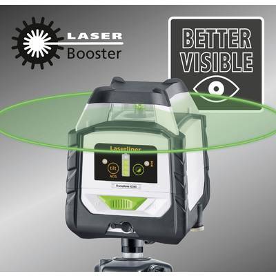 Laser device with a green circle and logo 'LASER Booster'. Text 'BETTER VISIBLE' in the background. Key feature: improve visibility.