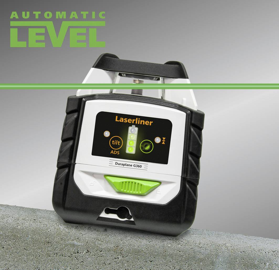An automatic levelling device with the inscription 'Laserliner Duroplane G360'. It displays inclination measurement functions and an illuminated spirit level.