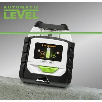 An automatic levelling device with the inscription 'Laserliner Duroplane G360'. It displays inclination measurement functions and an illuminated spirit level.