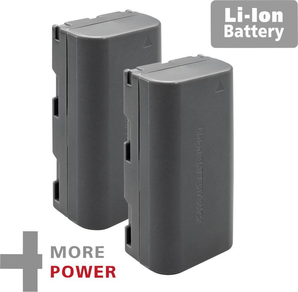 Two grey lithium-ion batteries stacked on top of each other. Top right reads 'Li-Ion Battery'. Bottom left features a red cross with 'MORE POWER'.